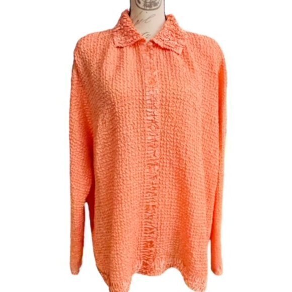 🛍️2 for‎ $25 Sale🛍️ Coral Crinkle Collared Button Up Shirt 3X Soft Coastal EUC - Picture 1 of 13